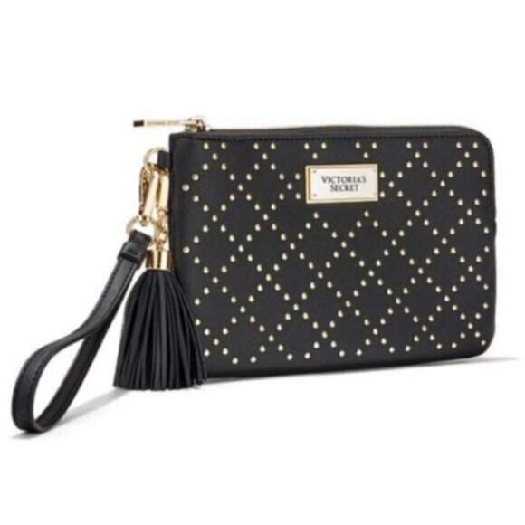 Victoria’s Secret Black with Gold Studded Wristlet Wallet with Tassel - Picture 1 of 7